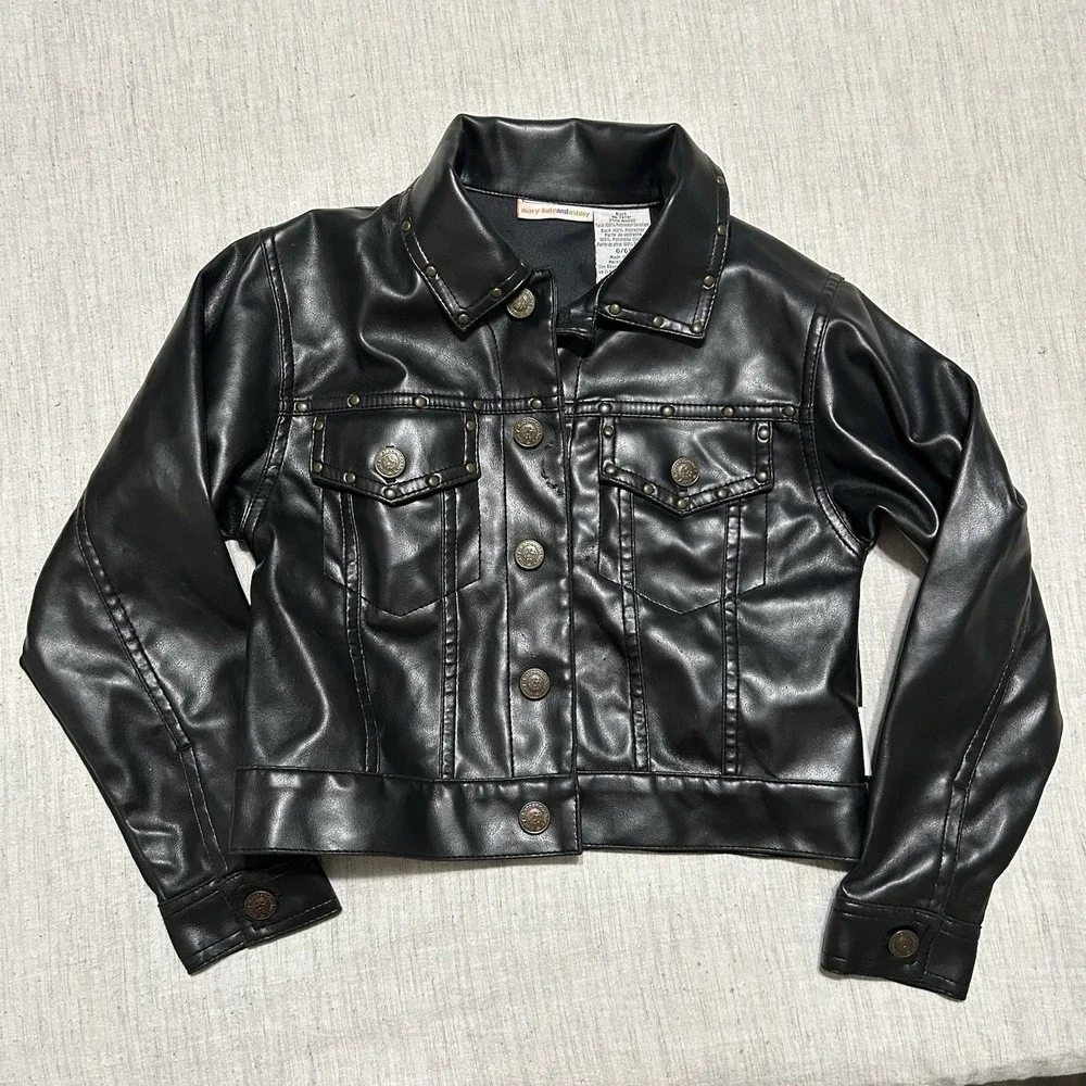 Mary Kate and Ashley Girls Faux Leather Jacket Black Studded Moto Size 6X Y2K